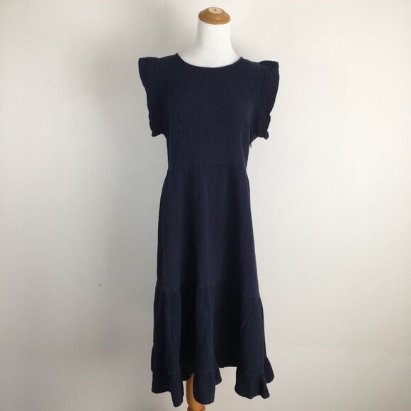 C&C CALIFORNIA Dark Blue Textured Ruffle Sleeve & Hem Midi Dress - Picture 4 of 9